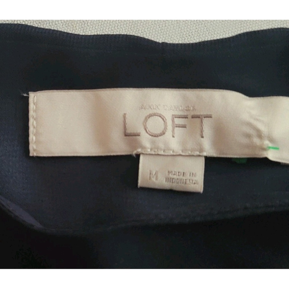 LOFT Women's Medium Statement Top Navy Blue Red Lantern Sleeve Semi Sheer Navy - Picture 2 of 9
